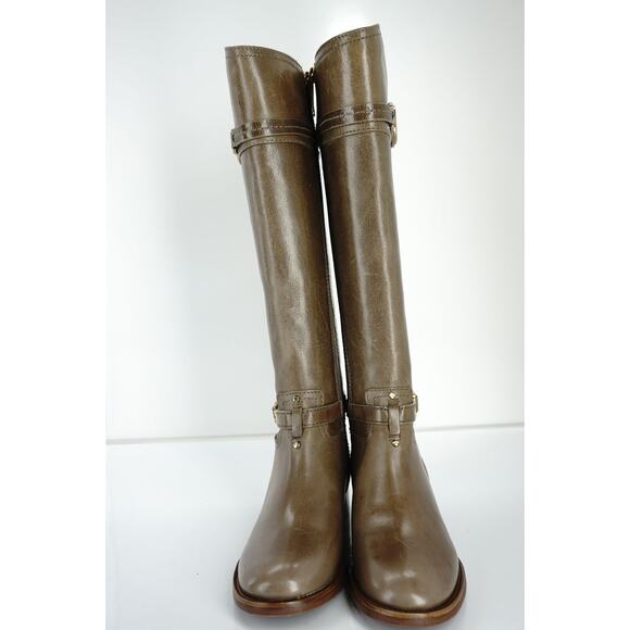 Tory Burch Beige Leather Calista Logo Knee Takk Riding Boots Size 5 Asphalt NIB - Picture 2 of 10